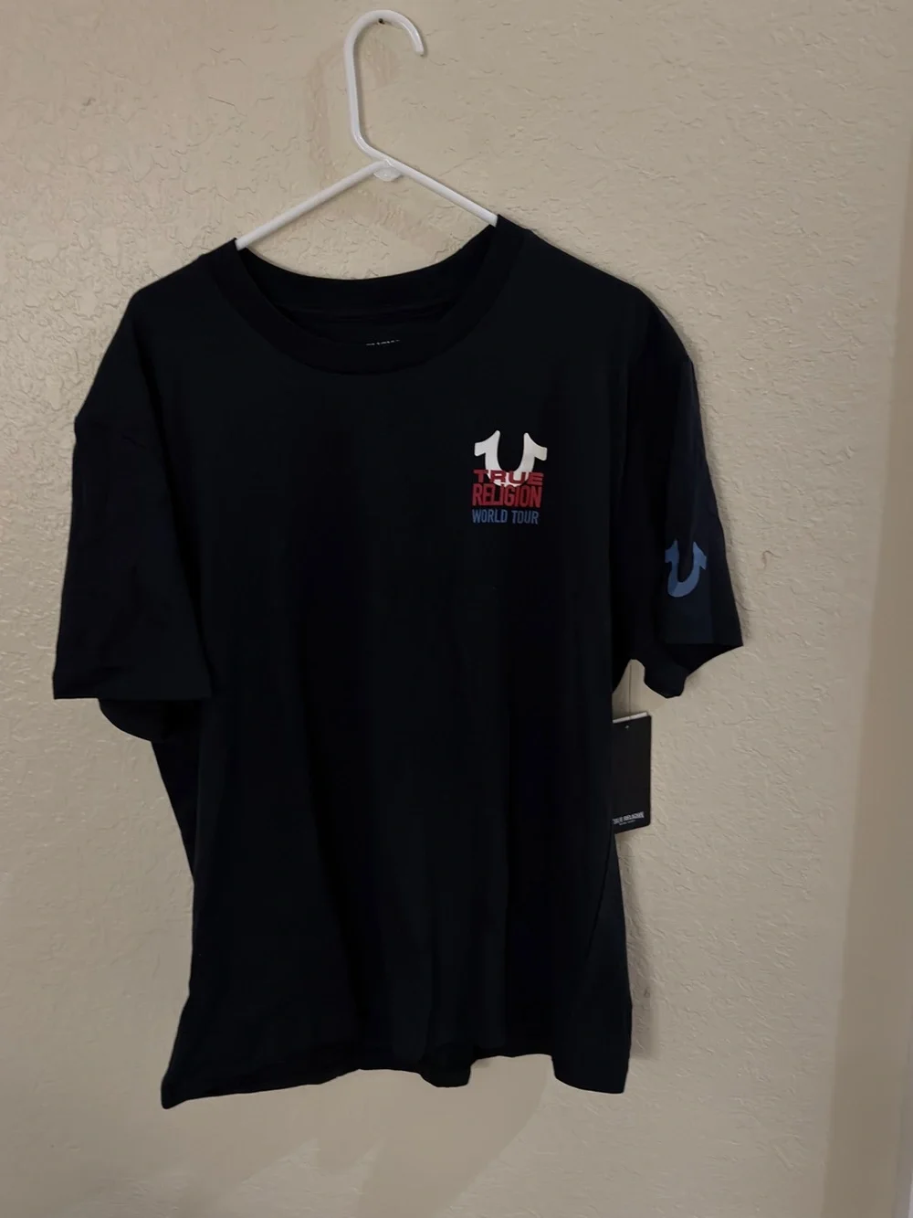 True Religion Black Short-Sleeve Logo Tee with Blue Sleeve Accent